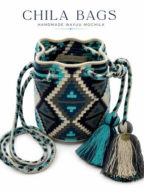 CHILA Bags Handmade Wayuu Mochila Bucket Crossbody Bag Blue Gray Tassel